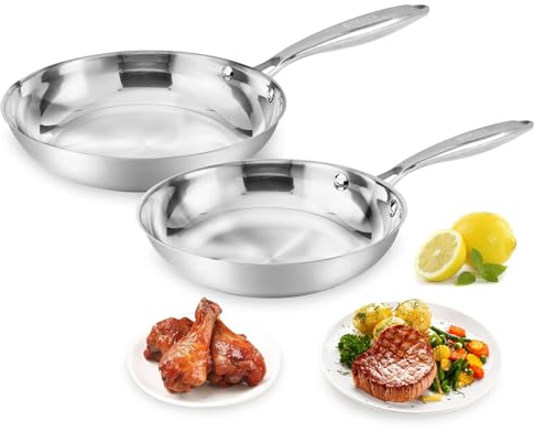 Stainless Steel Frying Pan Set 2 Piece, 8,10 Inch Tri-Ply Frying Pans Non Stick, Pots and Pans Set, Oven 500F & Dishwasher Safe, Classic Cooking Pan Cookware