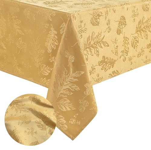 Elrene Home Fashions Elegant Woven Leaves Jacquard Damask Tablecloth, 60 x 144, Oblong, Gold