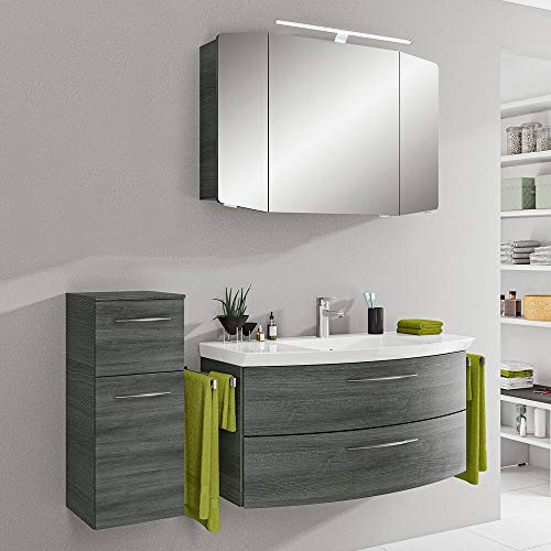 Lomadox Badmöbel Set 3-teilig ? Eiche Graphit Struktur ? Badezimmer Komplettset: 100cm Spiegelschrank mit LED Beleuchtung, 101cm Waschtisch mit Unterschrank ? Schubladen & Türen mit Softclose