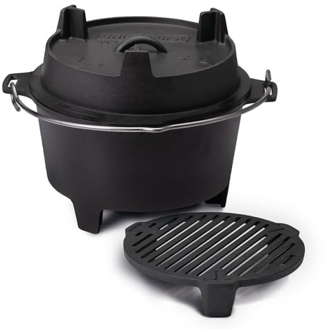 Grillfürst Dutch Oven ca. 6 Liter - stabil stehender Feuertopf durch speziell entwickelte T-Füße, hitzebeständiger Gusseisen Topf, Deckel als Pfanne nutzbar, DO 6 inkl. Stapelrost Feuerrost