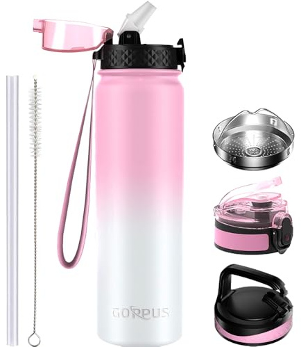 GOPPUS 1L/32oz Thermosflasche mit Strohhalm Doppelschicht Edelstahl Trinkflasche 1 Liter Isolierflasche Auslaufsicher Sport Wasserflasche Kohlensäure Water Bottle Trinkflaschen BPA-frei Wasser Flasche