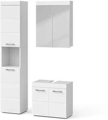 Vicco Badmöbel-Set Luna, Weiß, 60 cm | besteht aus Waschbeckenunterschrank, Spiegelschrank und Hochschrank