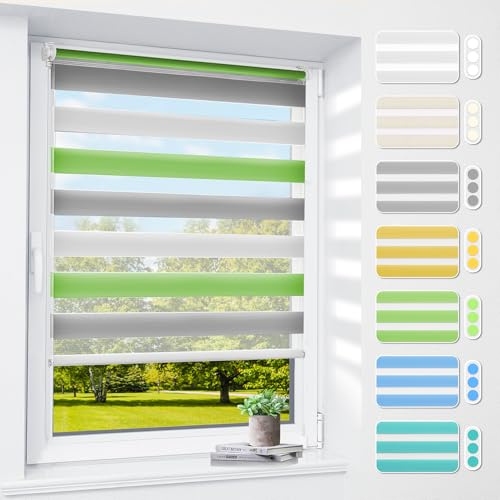 Doppelrollo klemmfix ohne Bohren & mit Bohren, 90x130cm (BxH) Weiß Grau Grün, 3-in-1 Duo Rollo für Fenster & Tür, Fensterrollo innen lichtdurchlässig & verdunkelnd, Klemmrollo Rollos