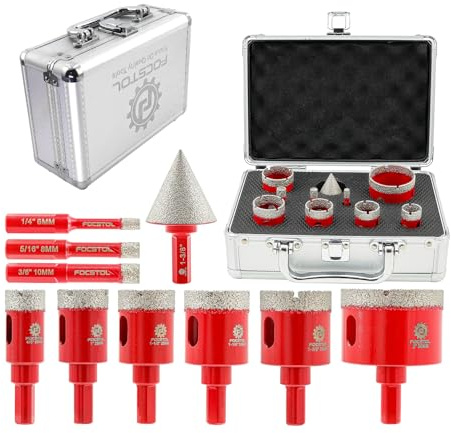 FOCSTOL Diamant Fliesenbohrer Set - 6/8/10/20/25/28/32/35/50mm+35mm Fasenbohrer mit Dreikantschaft für Porzellan Fliese Keramik Granit Marmor Mauerwerk Stein Packung mit 10