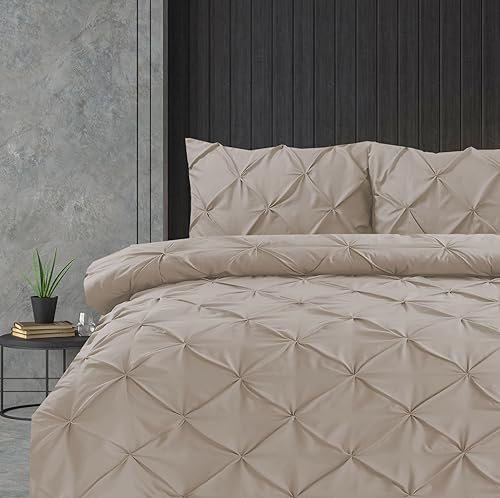 Linen Home Pintuck King Duvet Set Linen Pinch Pleat Soft Microfibre King Bed Quilt Cover with 2 Pillowcases, Easy Care Wrinkle Free Bedding Set of 3 Pcs (Linen)