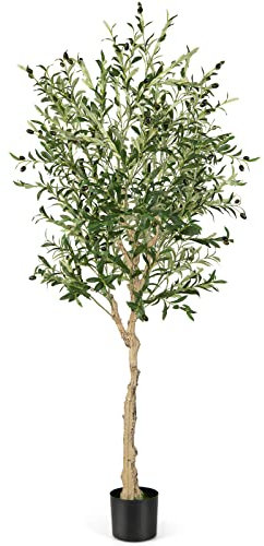 COSTWAY 130cm/182cm Artificial Olive Tree, 1/2 Pcs Tall Faux Topiary Plants with Realistic Fruits, Fake Greenery Olive Silk Plant in Cement Pot for Indoor Outdoor Decor (182cm, 1, Count)