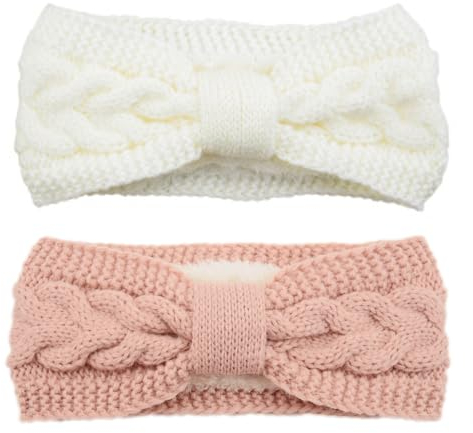 YOFASEN 2 Stück Stirnband Damen Winter - Gefüttert Fleece Haarbänder Elastische Haarreife Ohr Wärmer Haarband Häkelarbeit Haarschmuck Gestrickte Haarreifen für Frauen Mädchen(Weiß+Rosa)