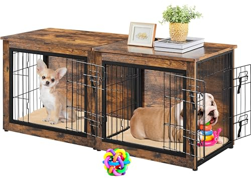Yaheetech Hundekäfig Möbel, Hundebox Beistelltisch, Moderne Hundehütte für kleine/mittelgrosse Hunde bis zu 61 kg, Hundehaus mit 2 Kissen, 138x51x61 cm, Braun