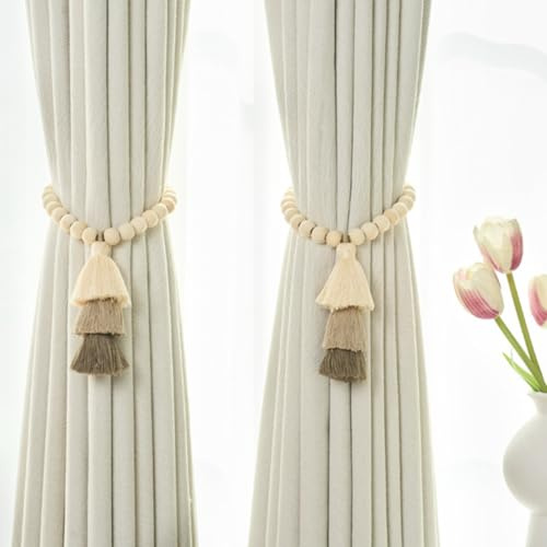 champracer Vorhang Raffhalter Magnetische,Vorhang Raffhalte Regenbogen Boho Vorhanghalter, 2 Stück Regenbogen Quasten Gardinenhalter mit Holzperle, Vorhang-Raffhalter magnetische (Holzperle Beige)