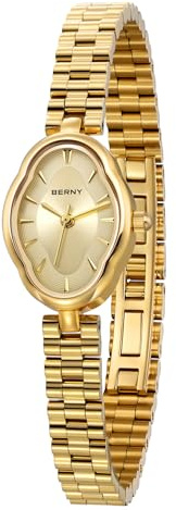 BERNY Gold Watches for Women Dainty Ladies Wristwatch Vintage Copper Mirrors Shape Japanese Quartz Movement 3ATM Waterproof All Stainless Steel Fashion Female Wrist Watch Luxury Birthday Gifts