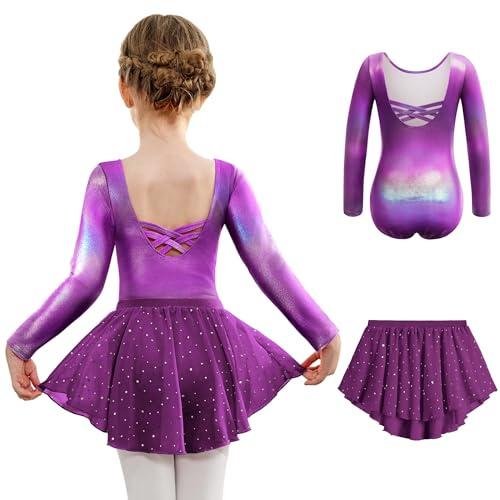 Arshiner Ballettkleidung Mädchen Rückenfrei Baumwolle Ballettkleid Balletttrikot Langzarm Tanzkleid Tanzbody mit Irregulär Chiffon Rock Tütü 2-10 Jahre | 2-teiliges Tanzbekleidungs-Set, glitzerndes Ballerina-Kostüm, Gymnastik, langärmelig, überkreuzter Rücken