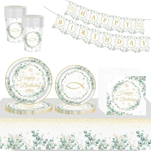70P Sage Eucalyptus Green Birthday Tableware Set with Banner, Cups, Napkins, Plates (7in+9in) and Table Cloth - Green Gold Paper Dinnerware Kit for Kids Adult Birthday Décor