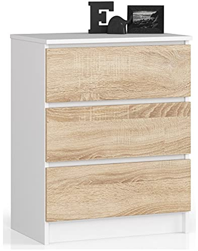 Home Collective Kommode in weiß-Sonoma mit 3 geräumigen Schubladen, 60 cm breit, 77 cm hoch Kommode Schlafzimmer Flur Wohnzimmer Organizer mit Schubladen Holz Highboard Sideboard Schrank