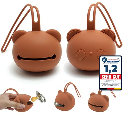 Tastic Schnullerbox Baby - Silikon Schnullerbox für unterwegs in Pandaform – Schnulleraufbewahrung BPA frei – Box vielseitig nutzbar und leicht zu Reinigen. braun