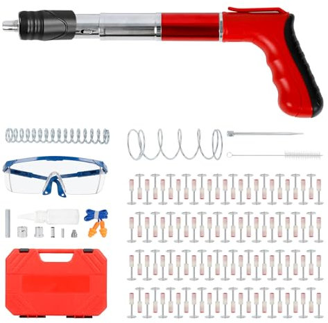 Mini pistola de clavos manual de acero, clavadora de hormigón de 5 engranajes con 100 clavos redondos, kit de pistola de clavos portátil para techo, cemento, pared, alambre, accesorio ocultador
