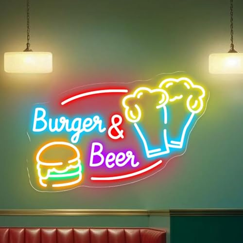 Xusdamyj Burger & Bier Neon Schild, Custom Hamburger Snack Bar LED Neon Nacht Home Wand Dekor Fast Food Coffee Shop Restaurant Pub Business Dekoration
