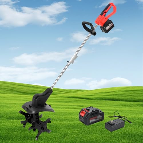 HJDSUDU Home Cordless Tiller Cultivator, Portable Electric Rototiller, Battery Powered Garden Tiller, with 4/6Ah Batteries & Power Display, for Orchard, Farm, Garden, Courtyard,6Ah