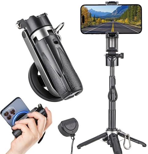MQOUNY for Magsafe Tripod Stand for iPhone,Portable Pocket Size Selfie Stick with Rechargeable Remote and Metal Ring,Extendable Detachable Cell Phone Tripod Compatible with iPhone/Android