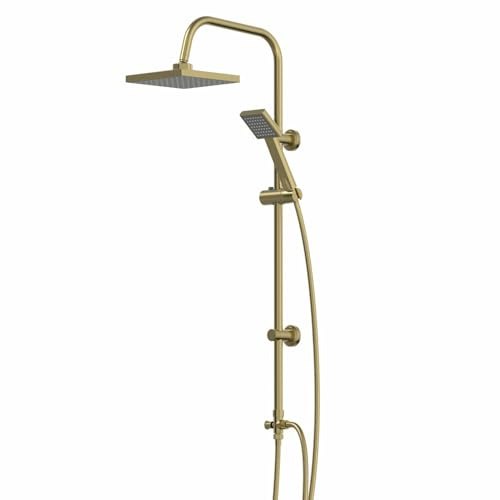 Architeckt® Bathroom Shower Kit Square Single Spray Adjustable Handset Head & Riser Rail with Shower Head Holder, 1.5m Flexible Hose, Brushed Brass