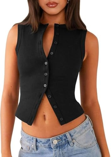 Sukiglam Camiseta sin Mangas Mujer Verano Crop Chaleco Top Sexy Cuello V/Alto Camisetas Y2k Elástica Costilla de Punto Tank Top Botón Delantero Corto Camisola Shirt Moda Ajustado Blusas Streetwear