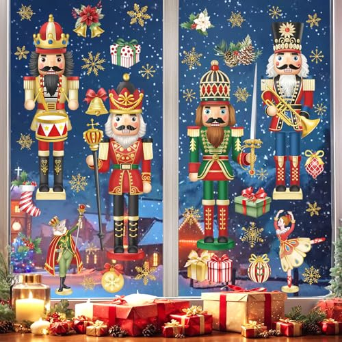 wondever 4 Pcs Nutcracker Soldiers Window Clings Mouse King Ballerina Girl Christmas Glass Sticker Decal Anti Collision Double-Side Static Window Decals for Home Xmas Holiday Party