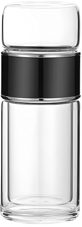 Vaso de té de vidrio resistente al calor, botella aislada de doble pared con colador de hojas sueltas, taza de viaje portátil para bebidas frías y calientes, negro, 16.9 onzas