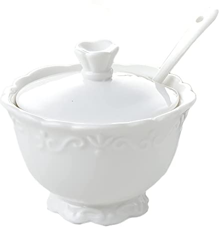 Zuccheriera in ceramica con cucchiaio e coperchio, in porcellana per condimenti, caffetteria, bar e ristorante, bianco
