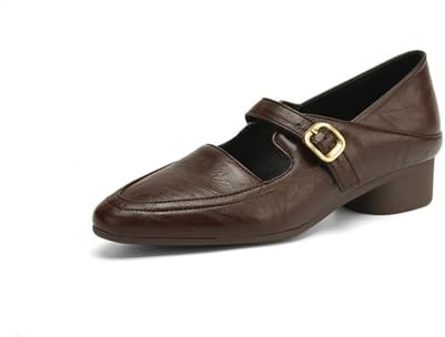 Donna Tacco Grosso Basso Mocassini Punta Appuntita Pelle PU Vintage Scarpe da Vestito Comode Scivolare su Mary Janes con Fibbia,Marrone,39 EU