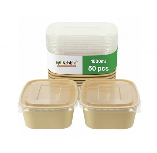 KRISHIV Kraft Salad Bowls with Lids – Eco-Friendly Rectangle Paper Food Containers, Leakproof Takeaway Bowls for Hot & Cold Meals (50, 1000ml)