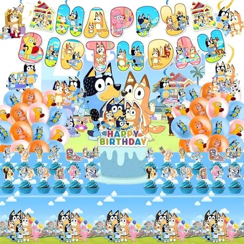 For Bluey Party Supplies, 50 PCS Birthday Decorations Set Include Banner, Balloons,, Hanging Swirls, Cake Cupcake Toppers, Tablecloth for Boys Girls Hunters Theme Party