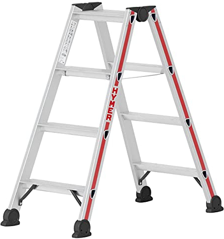 Hymer Stufenstehleiter 2x4 Stufen (Trittleiter beidseitig begehbar, eloxierte Holme, Stahl Scharniere) 402408