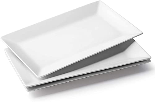 DOWAN Platos planos, Plato rectangular blanco, Vajilla para carne, aperitivos, postre, comida, fiesta, 36 x 20 cm, juego de 3