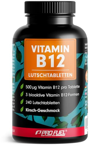 Vitamin B12 Lutschtabletten 240x KIRSCHE, 500µg B12 pro Tablette aus Methylcobalamin, Adenosylcobalamin & Hydroxocobalamin, leckerer Geschmack, optimal hochdosiert, ohne Zuckerzusatz, 100% vegan