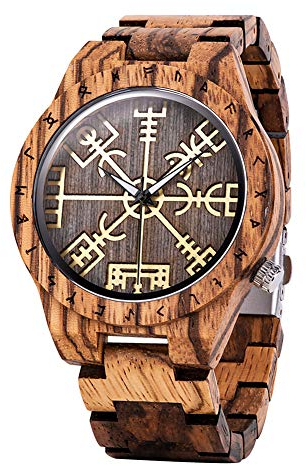 YCYR Herren Holzuhren, Nordische Wikinger Rune Vegvisir Vintage Quarzuhr, Unisex Verstellbares Holzarmband Handwerk Lässig Armband Geschenk,Braun