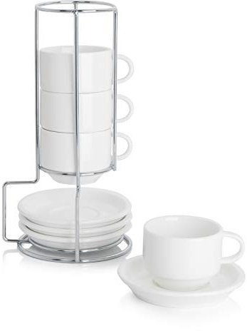 Sweese 2.5 Ounce Porcelain Stackable Espresso Cups with Saucers and Metal Stand Set of 4, White