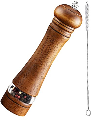 TooWoom Pepper Grinder Salt Grinder Wooden Pepper Mill Grinder w/Adjustable Coarse, 8 inch Tall Wood Refillable Manual Pepper Grinder Mill Peppermill for Black Peppercorn, Easy Clean w/Cleaning Brush