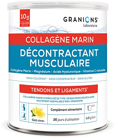 GRANIONS - Collagene Marin Poudre - DÉCONTRACTANT ​MUSCULAIRE - Collagene et Acide Hyaluronique + Magnesium + Vitamine C - Articulations, Tendons, Ligaments, muscle - Pot de 300 g​ de Collagene Marin