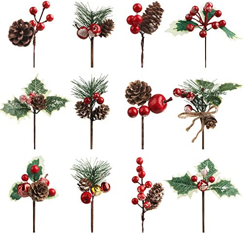 12PCS Christmas Berries Decorations, Christmas Pine Cones Berry Pine Branch Set, Holly Spray Artificial Christmas Picks for Crafts Gift Wrapping DIY Winter Floral Picks Tree Fillers Wreaths Decor