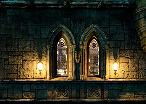 BELECO 3x2m Tela Castillo Gótico Fondo Antiguo Castillo Piedra Ventanas Arco Vidrieras Luz Tenue Halloween Malvado Decoraciones Fiesta Tema Castillo Medieval Accesorios