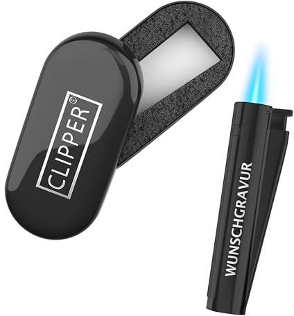 Clipper Feuerzeug mit Gravur/Jet Clipper aus Metal mit Gravur - schwarz | wetterbeständige Flamme/Gasfeuerzeug, wiederaufladbar mit Gas, personalisierte Männer Geschenke, Geschenkideen zum Vatertag