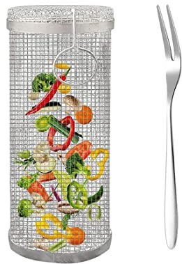 Rolling Grillkorb mit Gabel, Universal Drehspießkorb, BBQ Rund Rotisserie Korb Aus Edelstahl, Multifunktionaler Lagerfeuer Grillgitter, Für Außengrill Französisch Pommes,Grillkochzubehör,1pc,31cm