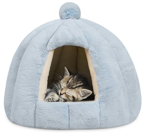 ALLSOPETS Hundehöhlenbett Katzenhöhle Igloo-Nest mit Abnehmbarem Waschbarem Kissen, Kuscheliges Warmes Haustierzelt für Kleine bis Mittelgroße Hunde und Katzen (Gletscherblau, L)