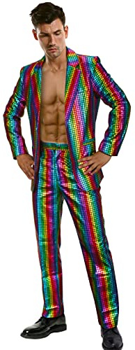 Funhoo Disfraz de fiesta de discoteca para hombre metálico 2 piezas chaqueta pantalones manga larga de los años 70 traje lentejuelas vintage brillantes para Halloween cosplay carnaval (XXL)