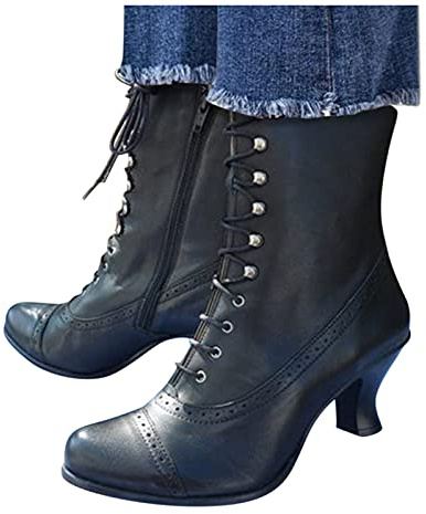 Botines de tacón para mujer, estilo victoriano, vintage gótico, con cordones, botas de piel puntiagudas, clásicas, botas medievales, botas de tobillo y botas de boda, Negro , 38 EU