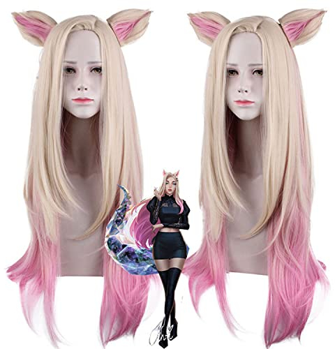 Halloween Fashion Christmas Party Dress Up Wig Cosplay Wig Lol Kda Ali Yellow Gradient Pink Long Hair Ears