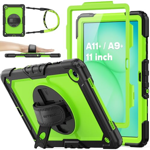 SEYMAC stock Case for Samsung Galaxy Tab A11+ Plus / A9+ 11'', Green | Full Body Shockproof, with Screen Protector, 360° Rotating & Adjustable Stand/Hand Strap, Pen Holder, Shoulder Strap