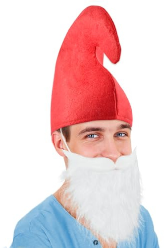 KATELUO Cappello da Nano, 2pcs Cappello e Barba da Nano, Cappello da Elfo di Natale, Cappello Gnomo Adulto,Travestimento da Gnomo Accessorio, Barba Bianca, Decorazione per Natale e Carnevale