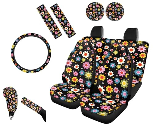 UOIMAG Hippie Flower Autositzbezüge, 11-teilig, 70er-Jahre-Lenkradbezug-Set für Damen