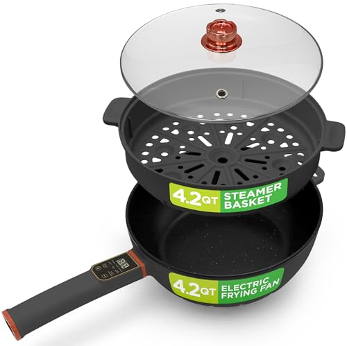 Nutrichef 4L Electric Frying Pan & 4L Steamer | Multifunctional Portable 1000W Non-Stick Pot for Cooking | Durable Heat Safe Handle | Touch Control Panel | Includes a Spatula | Black