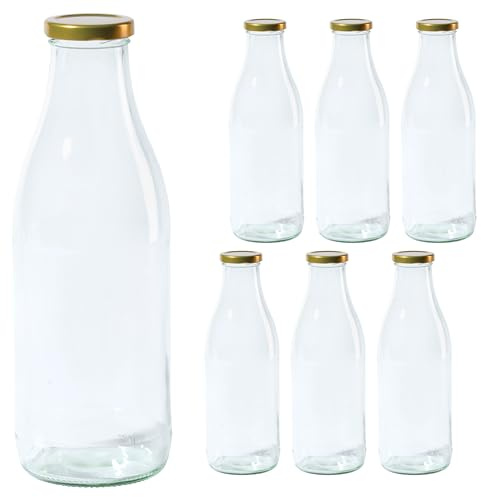 Vitrea 6 leere Glasflaschen 1 Liter Schraubverschluss Gold - Milchflaschen, Saftflaschen, große Flaschen zum Befüllen mit Deckel - für Milch, Saft, Smoothies, Öl - 6 Stück, TO48, Milch